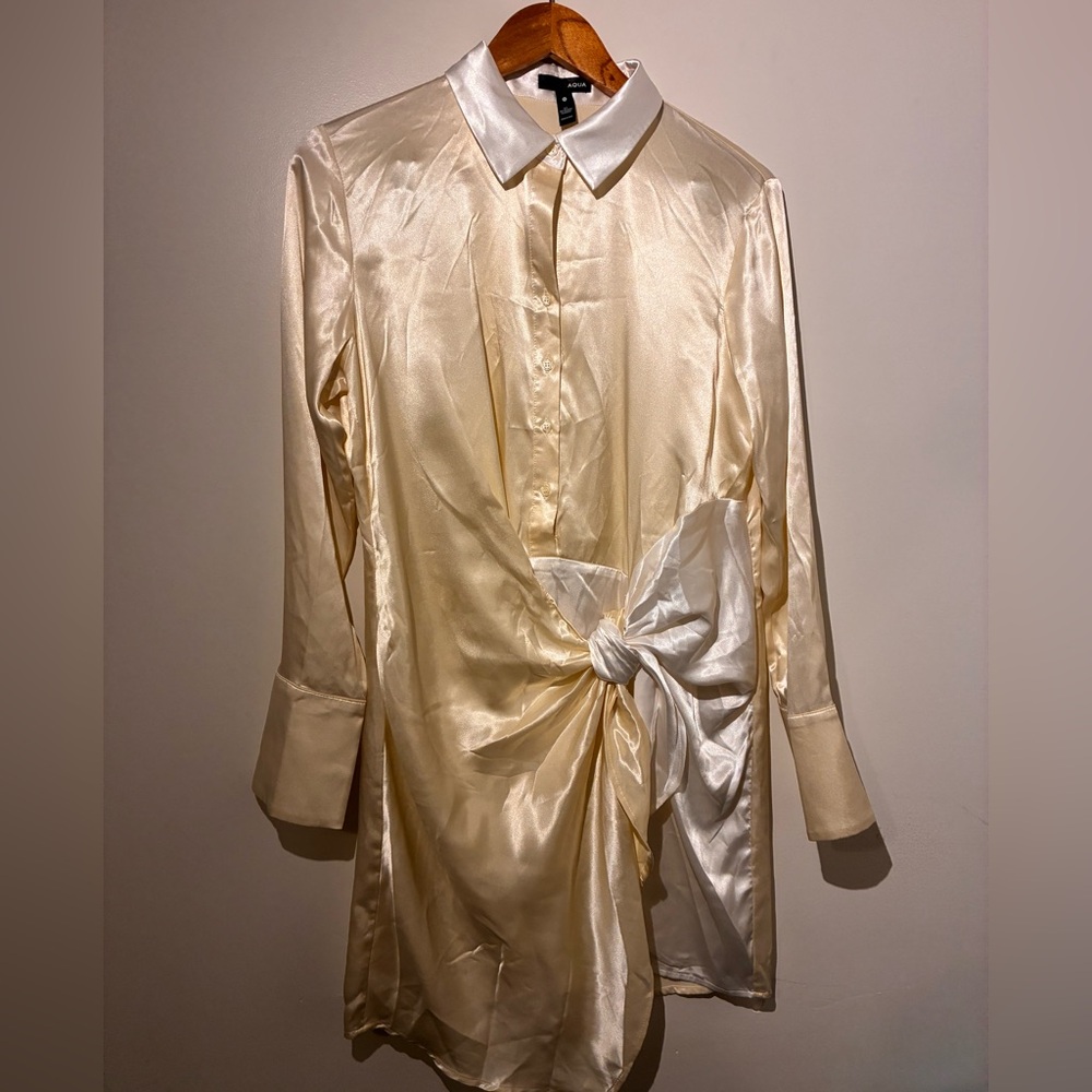 Aqua White & Light Gold Silk‑Blend Button‑Up Dress – Size Small (Fits Like M)